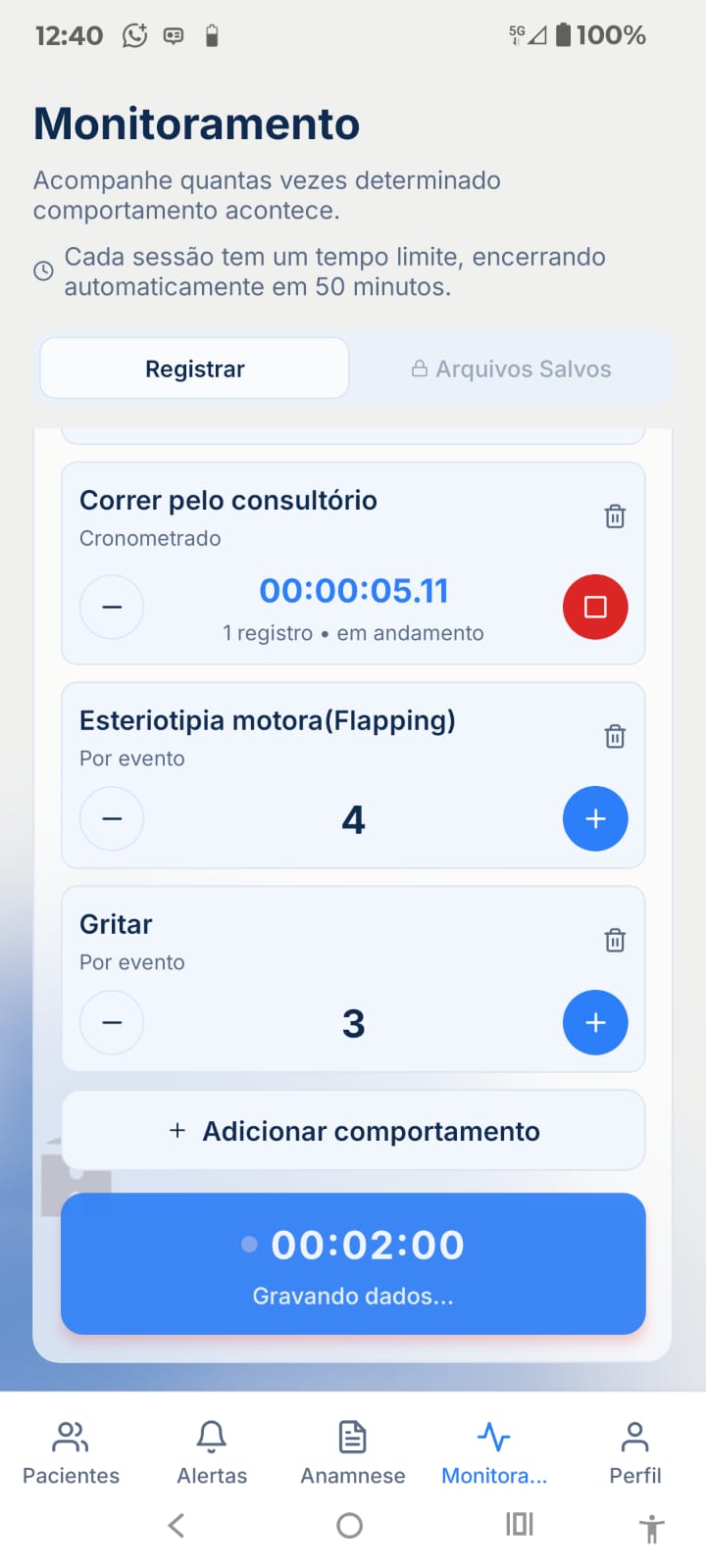 Tela de Monitoramento do aplicativo Horazu, com registro de comportamentos por evento e cronometrado para análise do comportamento aplicada